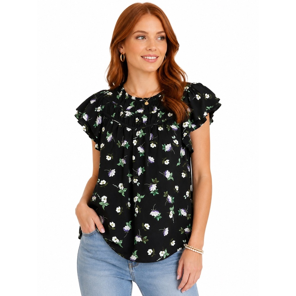 LOFT Black Purple Floral Ruffle Short Sleeve Blouse Top SP Romantic Cottagecore